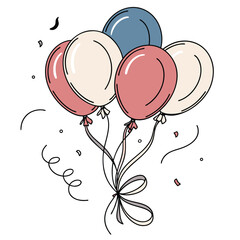 Colorful balloons tied together with ribbons and confetti on a white background
