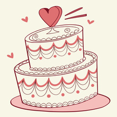 A two tiered white wedding cake with red decorations and a heart on top