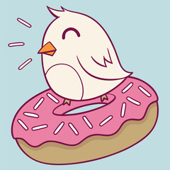 A cartoon bird sitting on a pink frosted donut with sprinkles happily