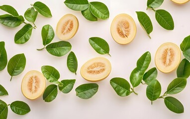 Fresh Yellow Melon Slices with Green Leaves Flatlay