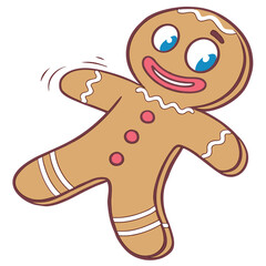 A cartoon gingerbread man with a happy face and moving motion lines around him