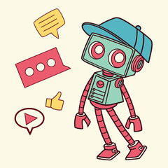 A cartoon robot wearing a blue hat with speech bubbles and social media symbols