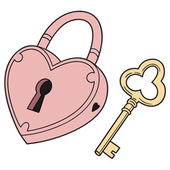 A pink heart shaped padlock and a golden heart shaped key on white background