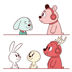Cartoon animals interacting with each other in a friendly and playful manner online