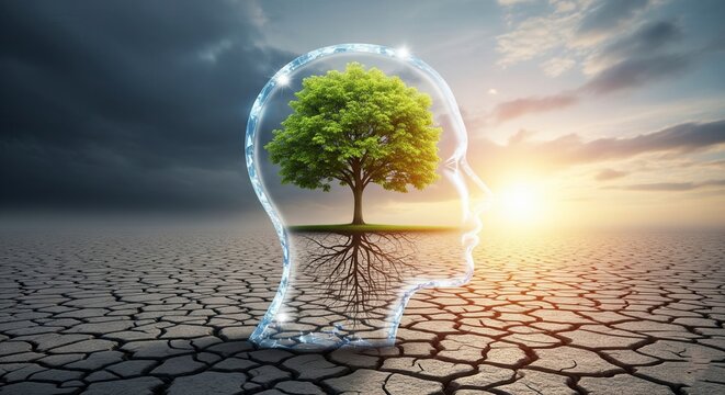 Concept of mental health and personal growth. A tree grows inside a transparent head, symbolizing healing, hope, and a positive mindset over a dark past.

