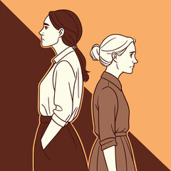 Two women standing back to back in different colored outfits and hairstyles side by side