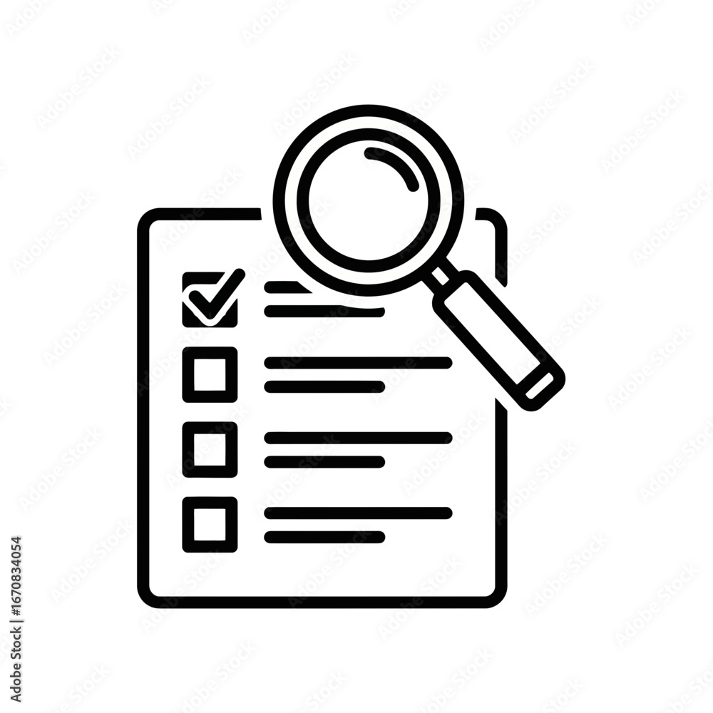 Poster vector icon of a checklist with magnifying glass for ux review