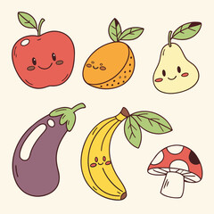 A set of cute cartoon fruits and vegetables with smiling faces and leaves