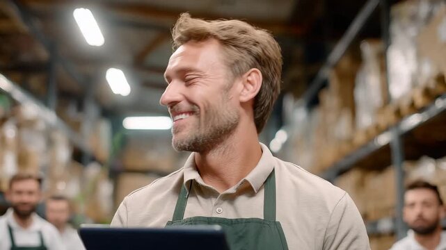 Smiling warehouse worker standing with tablet in hands against shelving. Happy male storekeeper in apron looking away with colleagues in background.
