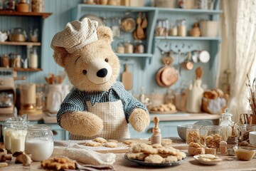 Adorable Bear Baking Cookies in Cozy Kitchen Interior – Cute Illustration
