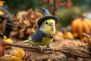 Cute Halloween Parakeet in Witch Costume Perched on Broomstick – Fall Background