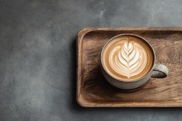 Inviting Coffee Scene with Artisan Cup on Wooden Tray and Minimalist Menu