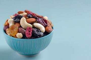 Nut and Dried Fruit Assortment in Bowl – Pastel Green Minimal Background with Space for Text