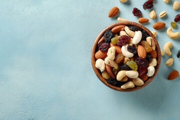 Pastel Green Background with Bowl of Mixed Nuts and Dried Fruit – Clean Food Concept