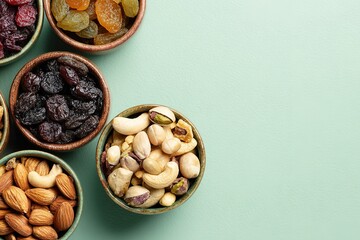 Flat Lay of Mixed Nuts and Dried Fruits in Bowl – Pastel Green Background with Copy Space