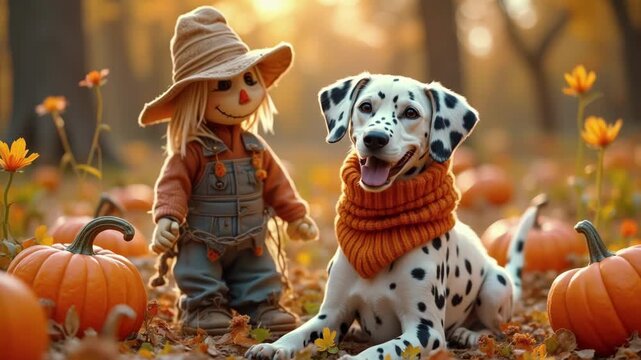 An enchanting scene of a friendly Dalmatian dog interacting with its scarecrow companion in a magical pumpkin patch. A heartwarming story of an unlikely friendship, full of warmth, charm
