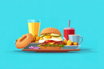 Tasty Breakfast Combo Graphic Featuring Bagel Sandwich, Hash Browns and Soda