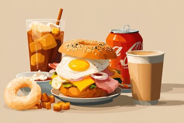 Delicious Breakfast Combo Illustration with Bagel Sandwich, Hash Browns and Drink