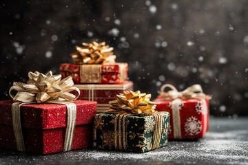 Holiday Gift Boxes with Shiny Ribbons and Bows on Dark Background – Christmas Celebration