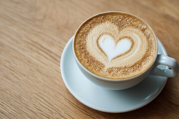 Heart Shape Latte Art in White Coffee Cup on Rustic Wooden Table – Warm Café Ambience