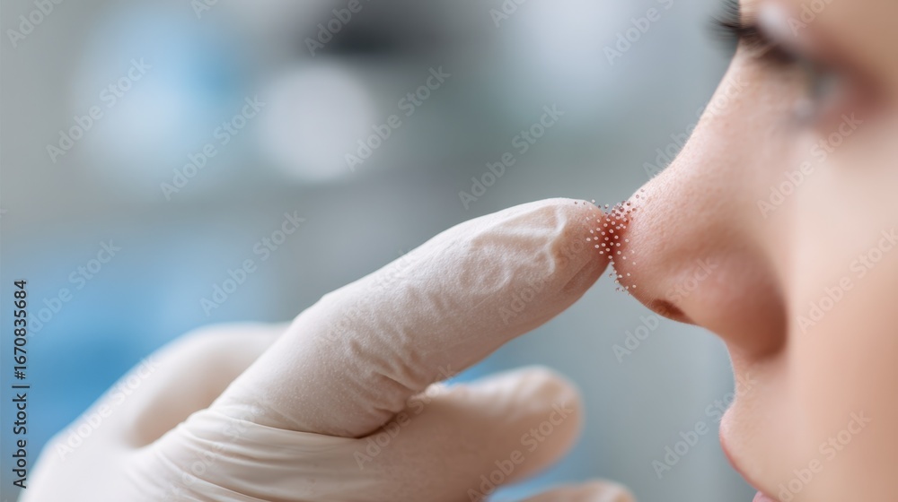 Poster focused view of fingerprick site with visible microclot formation patients face and room details blu