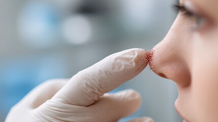 Naklejka premium Focused view of fingerprick site with visible microclot formation patients face and room details blurred emphasizing precise diagnostic procedure.