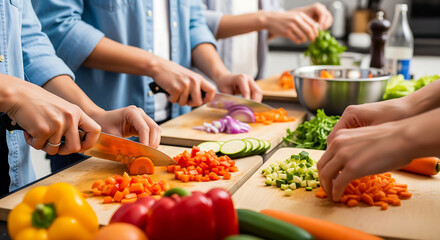 Close-Up of Friends Preparing Fresh Vegetables Together in Kitchen – Hands Chopping Colorful Ingredients, Focus on Teamwork, Healthy Cooking and Real-Life Culinary Collaboration