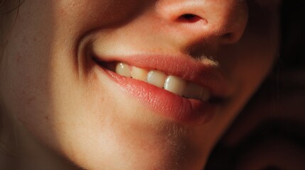 A tight closeup of a person's mouth as they break into a shy, genuine smile.