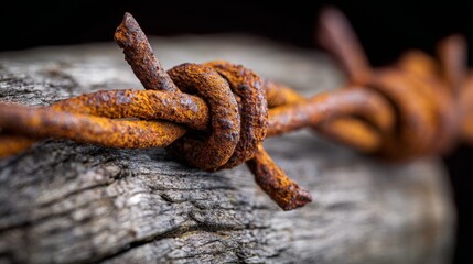 A tight closeup of a rusty, coiled piece of barbed wire wrapped around a weathered, grey wooden fence post.