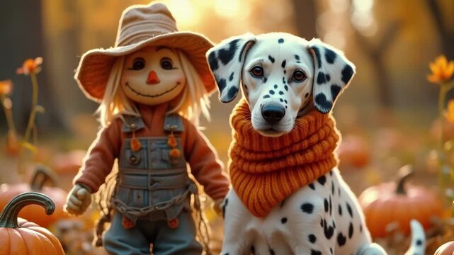A beautiful, cinematic shot of a calm Dalmatian and a scarecrow doll in a pumpkin patch as a gentle autumn breeze rustles the fallen leaves. A peaceful, cozy, and magical fall moment.