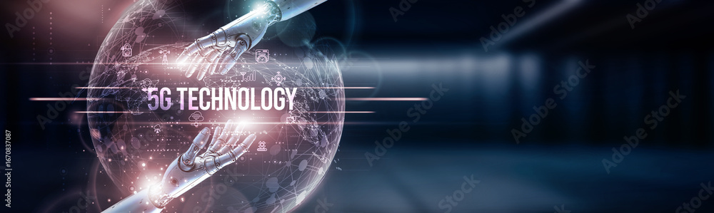 Poster innovation, connectivity hand of robot touching on 5g technology on global network connection, ultra