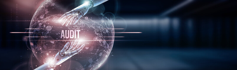 assurance Hand of robot touching on audit on global network connection, financial verification,...