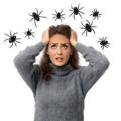 Woman distressed by swarm of spiders, overwhelmed by fear and anxiety.