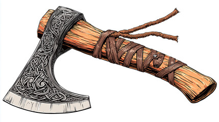 Viking axe showing traditional norse design and leather binding