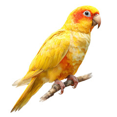 A vibrant yellow parrot with a bright orange head perched on a branch, showcasing its colorful plumage.