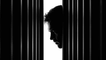 Silhouette of a man peeking through narrow vertical gaps in a dark setting with dramatic lighting