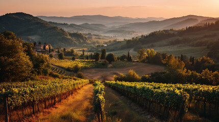 Vineyard landscape with rolling hills at sunset, revealing lush grapes and serene countryside
