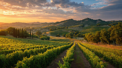 Naklejka premium Vineyards basking in golden sunset light with rolling hills in the background