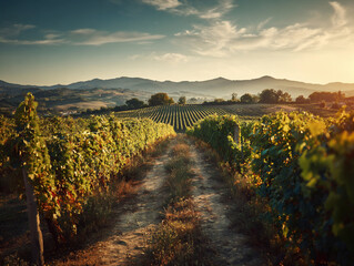 Naklejka premium Serene vineyard landscape at sunset with rolling hills and lush grapevines