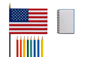 USA Flag with Colored Pencils and Notebook Isolated on Transparent Background.
