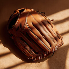 Detailed view of brown leather baseball glove resting textured surface, illuminated by soft sunlight. glove showcases intricate stitching and classic design, evoking sense of nostalgia