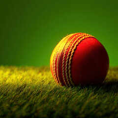 Vibrant red cricket ball rests lush green grass, illuminated by soft lighting that enhances its texture and details. scene captures essence of sport, evoking feelings of excitement