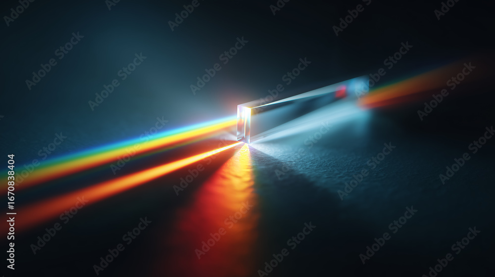 Poster Light dispersion through triangular prism creating rainbow spectrum effect