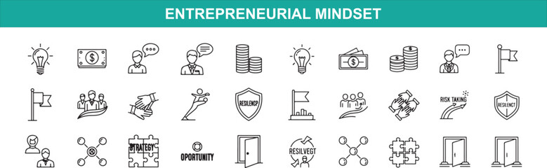 Entrepreneurial mindset icons set featuring idea, money, communication, business, stack, bulb, briefcase, success, flag, team, hand, shield, goal, collaboration and network