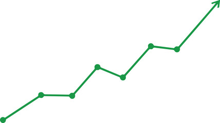 Fototapeta premium green rising line chart with data points, upward trend arrow showing growth and success on white