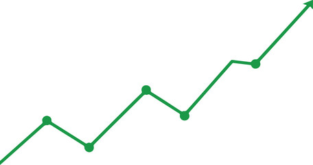 green rising line chart with data points, upward trend arrow showing growth and success on white
