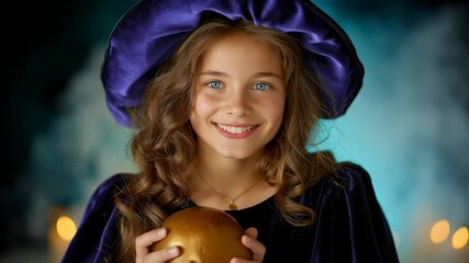 Girl dressed in purple witch costume holds golden apple while smiling. Spooky atmosphere with glowing candles and mist creates a festive setting. Concept of Halloween, celebration, costumes