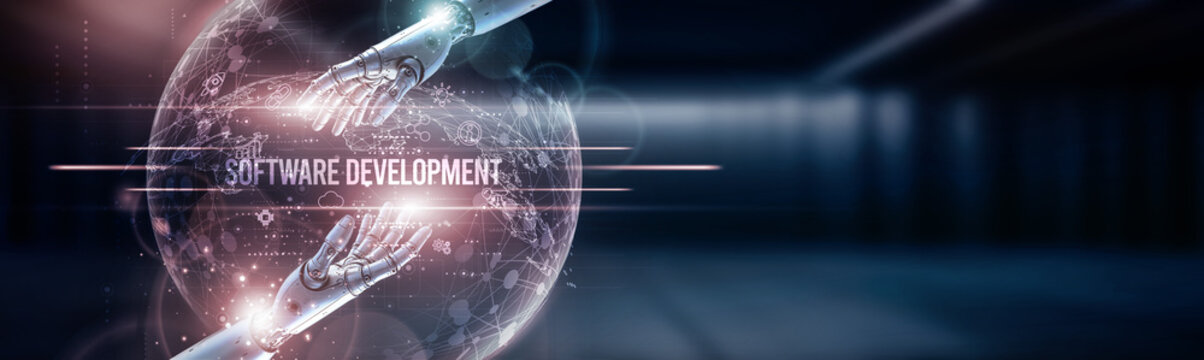 Hand of robot hold software development on global network connection, application coding, system architecture, agile methodology, version control, testing automation, digital transformation.