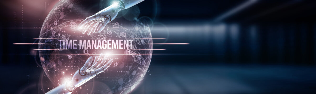Hand of robot hold time management on global network connection, productivity optimization, schedule planning, project timeline tracking, resource allocation, task prioritization strategies