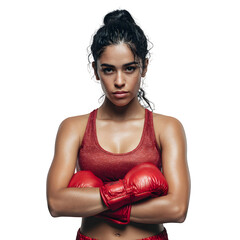 Determined female boxer with intense gaze and crossed arms, ready for a fight.